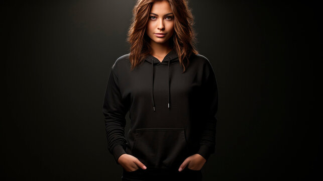 Handsome young female wearing black blank hoodie on dark background.  Image of elegant, stylish and self-confident woman, leading fashionable lifestyle. Space for your logo or design. Mockup for print