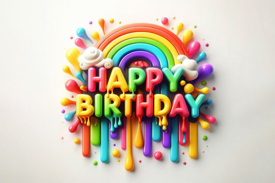 Happy birthday on radial stripes with a rich color on a white background. Cute rainbow text "Happy Birthday" on the colorful splash. 3d render.