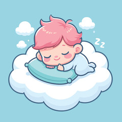 cute baby sleeping on a cloud pillow cartoon illustration