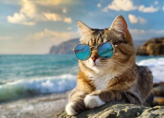 chat avec des lunettes de soleil à la plage, concept vacances et animaux domestiques - obrazy, fototapety, plakaty