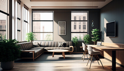 A calming photo of an open space office, showing a relaxation zone complete with cozy sofas and indoor minimalist background, Ai generated image