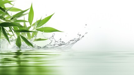 Spa background with green bamboo leaf on white transparent water wave