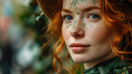 beautiful young red-haired woman with makeup in green tones and emerald clothes at the St. Patrick's Day carnival, national Irish holiday, Ireland, festival, symbol, shamrock, stylish image, girl
