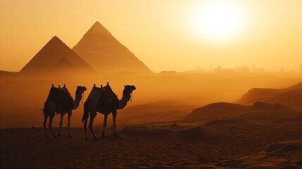 camel on the desert, sunset, golden hour, Egypt pyramids, landscape, 