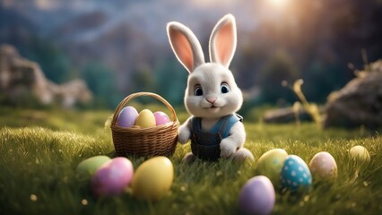Fototapeta na wymiar easter bunny with easter eggs A story with a baby easter bunny and an adventure. The story is written with imagination and humor,