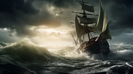 Fotobehang An old schooner rocking violently in choppy seas under a stormy sky. © Erum