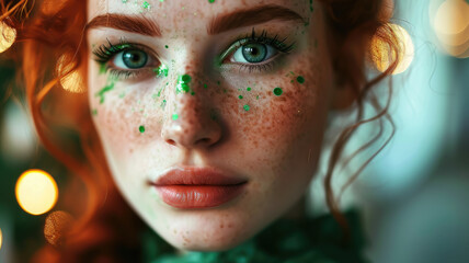 beautiful young red-haired woman with makeup in green tones and emerald clothes at the St. Patrick's Day carnival, national Irish holiday, Ireland, festival, symbol, shamrock, stylish image, girl - obrazy, fototapety, plakaty