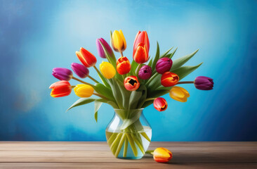 bouquet of tulips in a glass vase on a blue background.