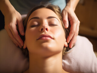Beautiful woman enjoying relaxing anti-stress head massage and pampering facial beauty skin recreation in luxury resort or hotel spa salon