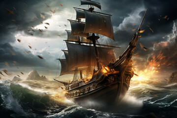 Dynamic illustration of a pirate ship navigating through turbulent waters, waves crashing against its sides, under a dramatic sky filled with lightning, - obrazy, fototapety, plakaty