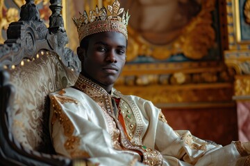 Regal studio portrait of a young African man as a traditional prince, with royal robes and a crown, isolated on a palace interior background - obrazy, fototapety, plakaty