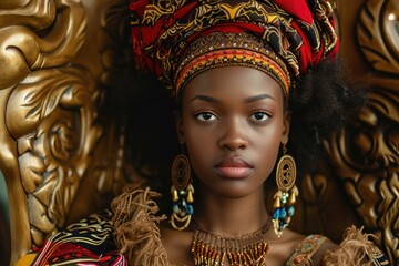 Regal studio portrait of a young African woman as a traditional queen, with a royal headdress, isolated on a palatial throne room background