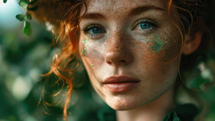 Poster beautiful young red-haired woman with makeup in green tones and emerald clothes at the St. Patrick's Day carnival, national Irish holiday, Ireland, festival, symbol, shamrock, stylish image, girl © Julia Zarubina