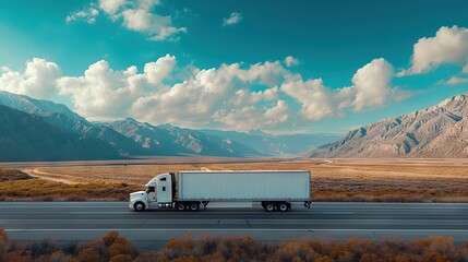 A white semi-truck is traveling along a highway surrounded by a desert landscape with mountains in the distance under a blue sky with fluffy clouds.