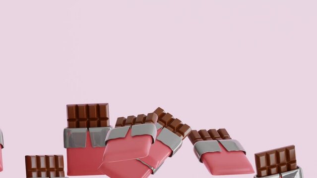 3D animation of chocolate bars in pink wrappers floating in the air