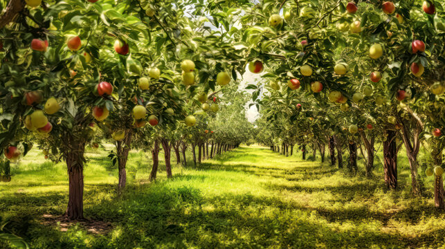 Capture the essence of a fruitful morning with a picture of ripe apples in the orchard