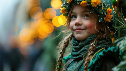 Fototapeta premium little red-haired child in green Leprechaun holiday costume at St. Patrick's Day carnival, Irish national holiday, Ireland, blurred background, shamrock, traditional, symbol, kid, girl, toddler, hat