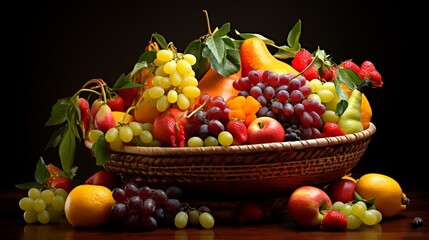 an artistic arrangement of fruits in a vibrant basket, their colors harmonizing in a visually appealing display,