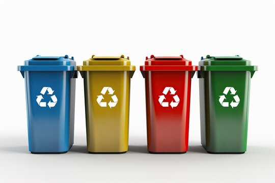 Colorful recycle bins with recycle symbol on white background