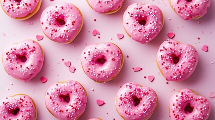 Delicious heart shape donut pattern Valentines themed, decorated, pink color glaze, flat lay