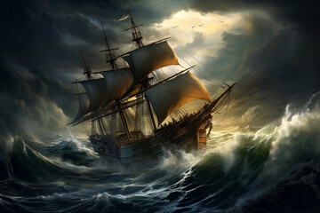 Obraz premium Storm-tossed pirate ship, waves crashing over the deck, as the crew battles to keep the vessel afloat in the midst of a raging tempest,