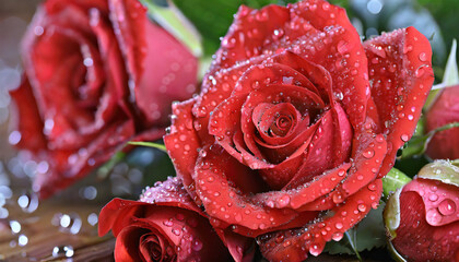 Close-up of vibrant red roses adorned with dewdrops