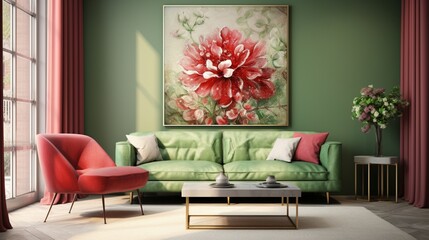 an artistic background featuring a harmonious blend of red and green shades, creating a visually soothing and calming atmosphere, reminiscent of a serene garden bathed in soft, natural light.