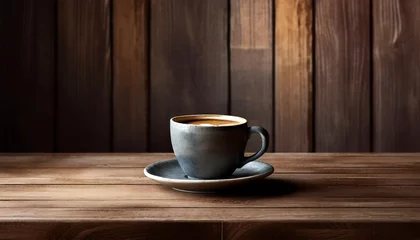Poster A coffee cup resting on a wooden table with the surrounding wood grain and texture. Against a backdrop of a dark brown wooden wall © Tatiana