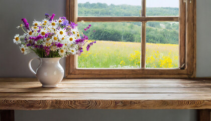 An unoccupied wooden table adorned with a vase filled with wildflowers placed on the windowsill
