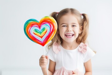 Fototapeta na wymiar Child holding colorful lollipop in hand on white background