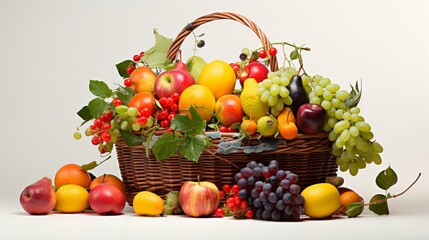 an assortment of fruits nestled in a colorful basket, their vibrant hues contrasting beautifully against the pristine white backdrop, evoking the essence of nature's bounty.