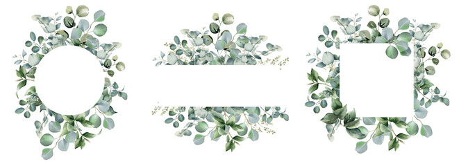 Eucalyptus watercolor illustration. Set of trendy greenery frames. Sage green border.  Elegant foliage design for wedding, card, invitation, greeting on transparent background