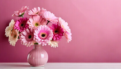 Gerbera daisies in shades of pink beautifully displayed in a vase on a table against a pink wall backdrop