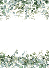 Eucalyptus watercolor illustration. Trendy greenery frame. Sage green border.  Elegant foliage design for wedding, card, invitation, greeting on transparent background