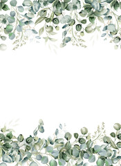 Eucalyptus watercolor illustration. Trendy greenery frame. Sage green border.  Elegant foliage design for wedding, card, invitation, greeting on transparent background © Nataliya Kunitsyna