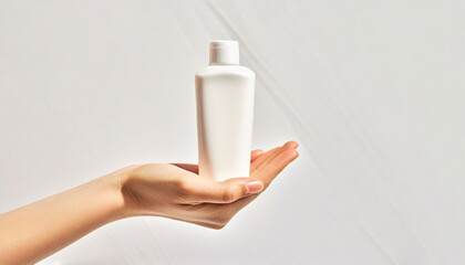 Lady holding a plastic cosmetic product bottle