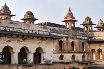 Beautiful view of Orchha Palace Fort, Raja Mahal and chaturbhuj temple from jahangir mahal, Orchha, Madhya Pradesh, Jahangir Mahal (Orchha Fort) in Orchha, Madhya Pradesh, Indian archaeological sites