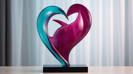 An exquisite heart-shaped award trophy in bold shades of magenta and teal, epitomizing triumph and recognition, showcased with elegance against a background of flawless white.