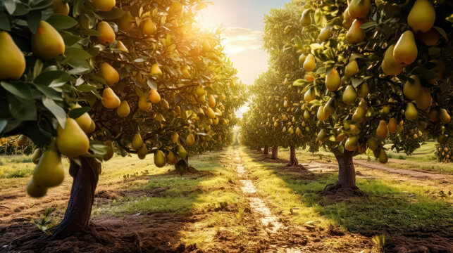 Capture the essence of a fruitful morning with images of ripe pears in the orchard