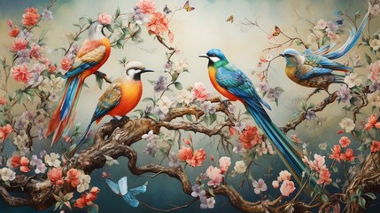 an image depicting the intricate dance of birds in a vibrant garden, their delicate steps and playful interactions with blooming flowers creating a scene of enchanting beauty, 