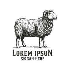 Fototapeta premium sheep standing engraved style hand-drawn logo design, sheep retro logo design, vintage style
