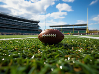 Close up view of American Football on a grass soccer field on the lawn lines