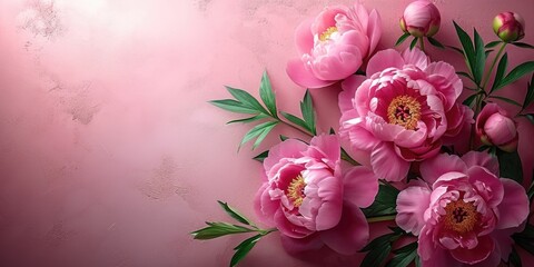 A bunch of pink flowers sitting on top of a table. Digital colorful wallpaper with copy-space, place for text