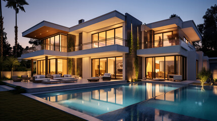 Beautiful modern style luxury home exterior at suns - obrazy, fototapety, plakaty