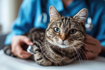 A close up of a cat sitting on a table. Stripy tabby cat undergo health checkup.