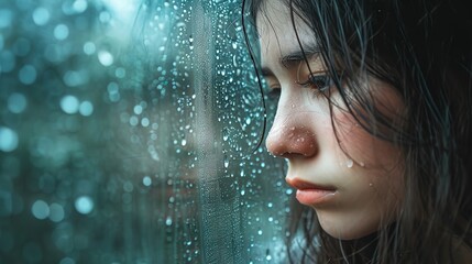 A contemplative woman is seen close-up, her face partially obscured by a window covered in rain droplets.