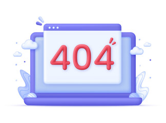 3D Error 404 page not found on Computer. System error, broken page. For presentation, infographic, website