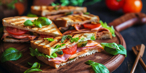 Leckere Sandwich mit Tomaten Wurst und Basilikum angerichtet als Foodfotografie, ai generativ