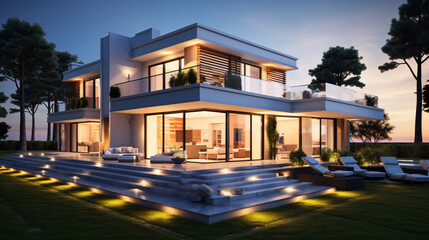Beautiful modern style luxury home exterior at suns