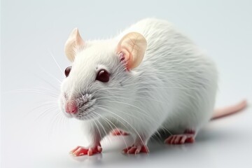 A white rat with red feet on a white surface. Laboratory animal, testing model for research.